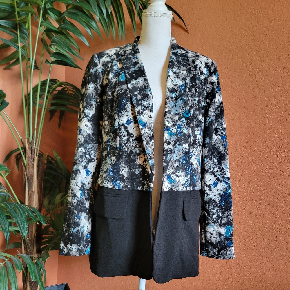 3/$25 Grace Elements Blazer Jacket Layered Look Black Blue White 14
